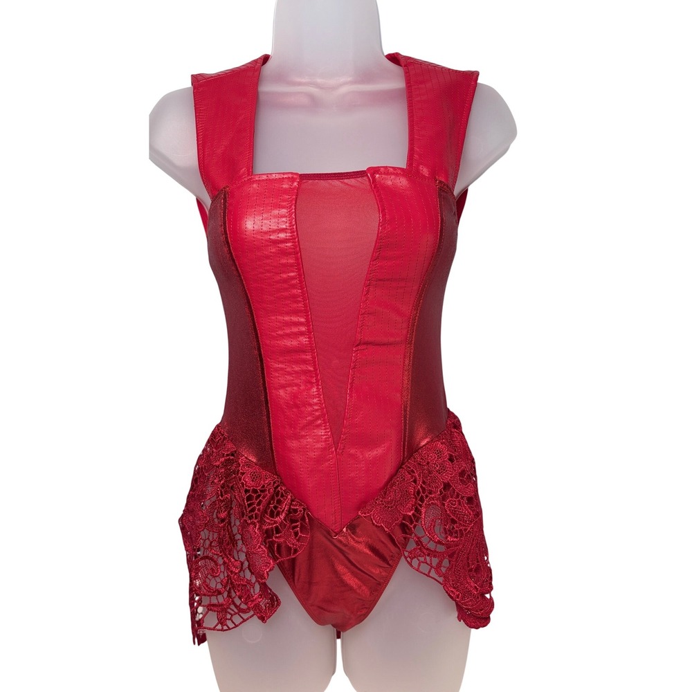 Bodysuit S‎ Red Faux Leather Lace Trim Open Back Costume Cosplay halloween Rave